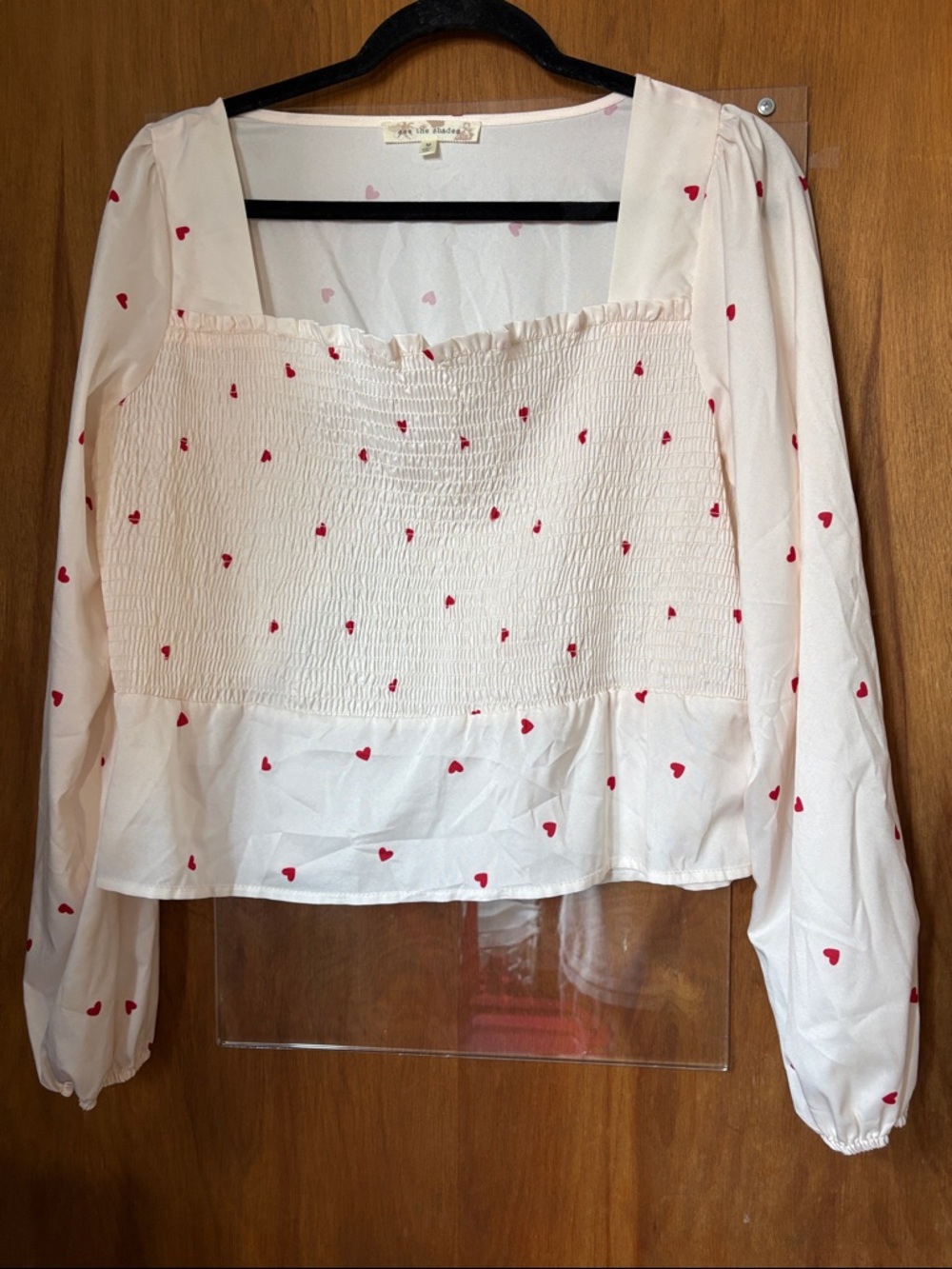 See the Shades White Long Sleeve Blouse with Red Heart Print